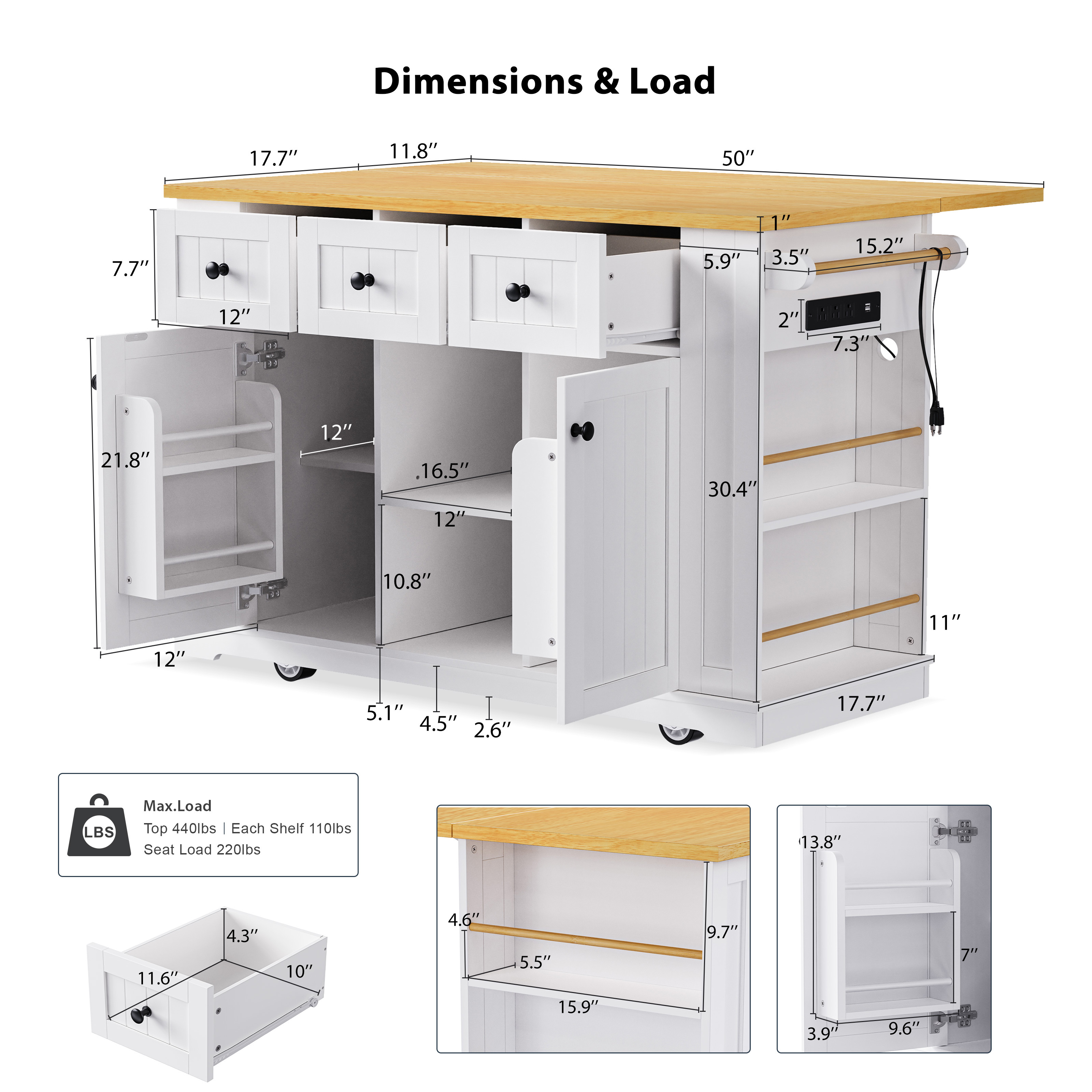 K&K 53inch Large Kitchen Island with Drop Leaf