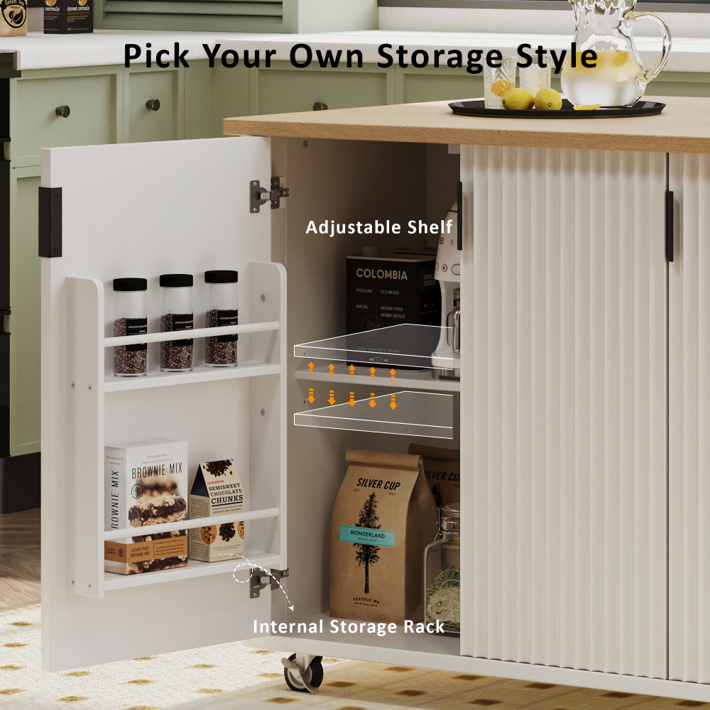 White Ash 51" Fluted Kitchen Island with Drop Leaf