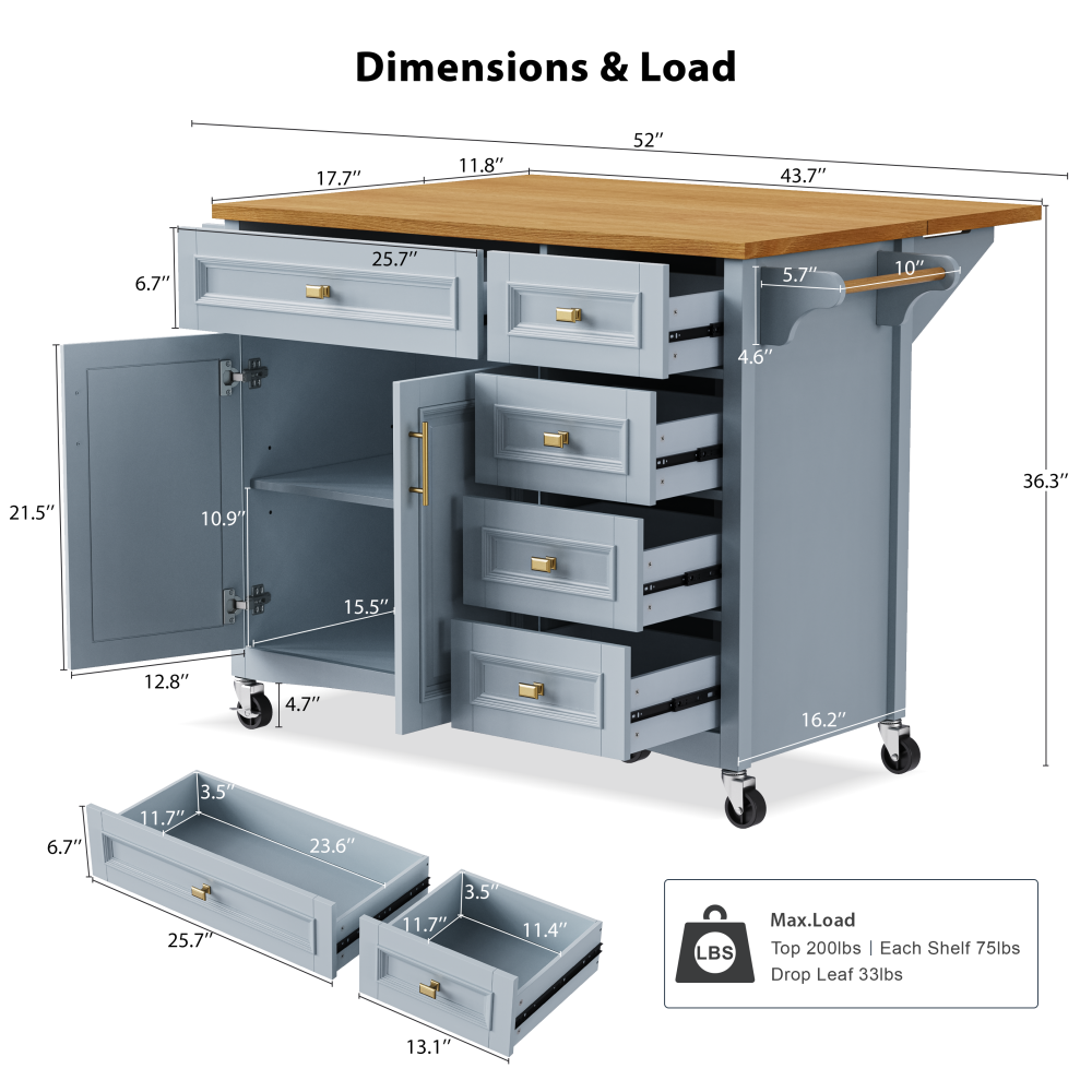 Blue Grey  52'' Kitchen Island with Drop Leaf