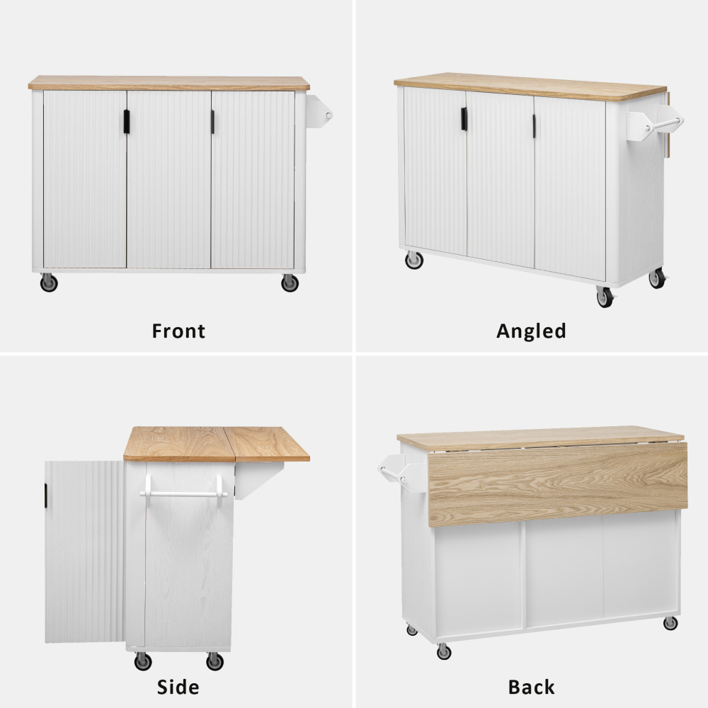 White Ash 51" Fluted Kitchen Island with Drop Leaf
