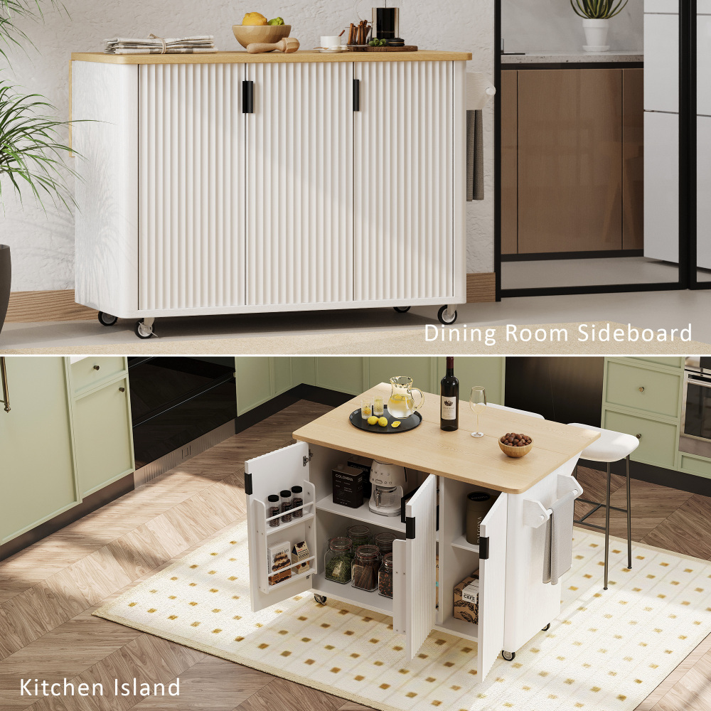 White Ash 51" Fluted Kitchen Island with Drop Leaf