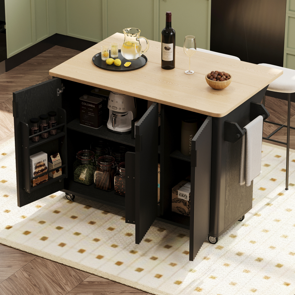 Black Ash 51" Fluted Kitchen Island with Drop Leaf