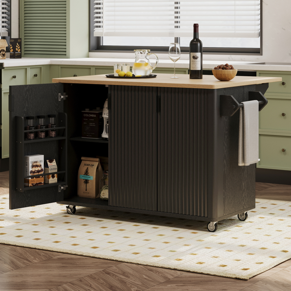 Black Ash 51" Fluted Kitchen Island with Drop Leaf