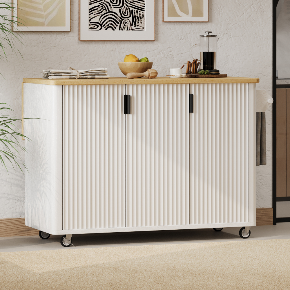 White Ash 51" Fluted Kitchen Island with Drop Leaf