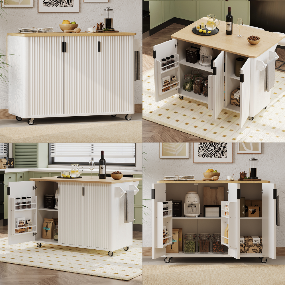 White Ash 51" Fluted Kitchen Island with Drop Leaf