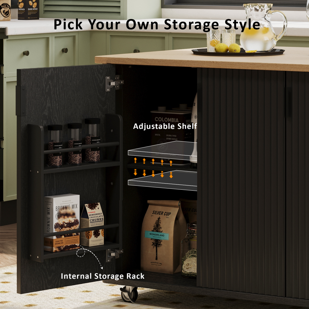 Black Ash 51" Fluted Kitchen Island with Drop Leaf