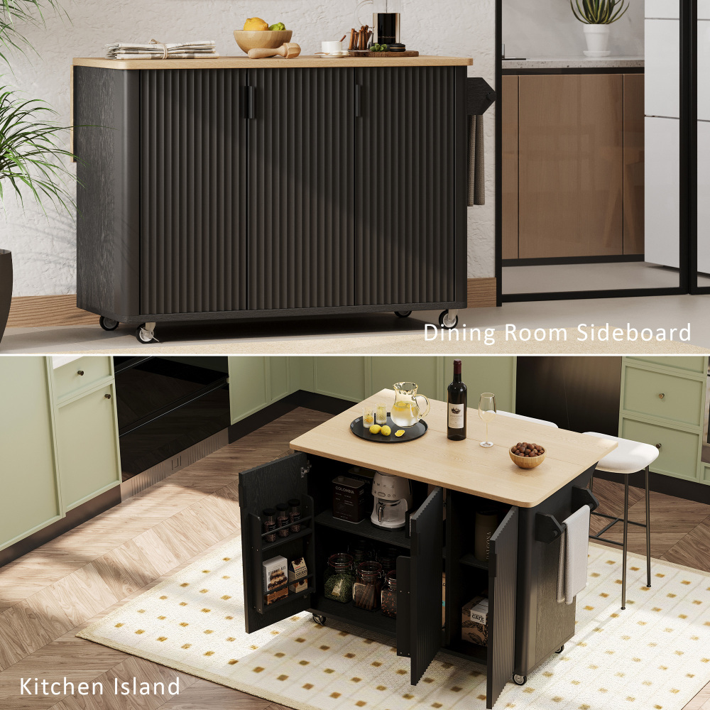 Black Ash 51" Fluted Kitchen Island with Drop Leaf