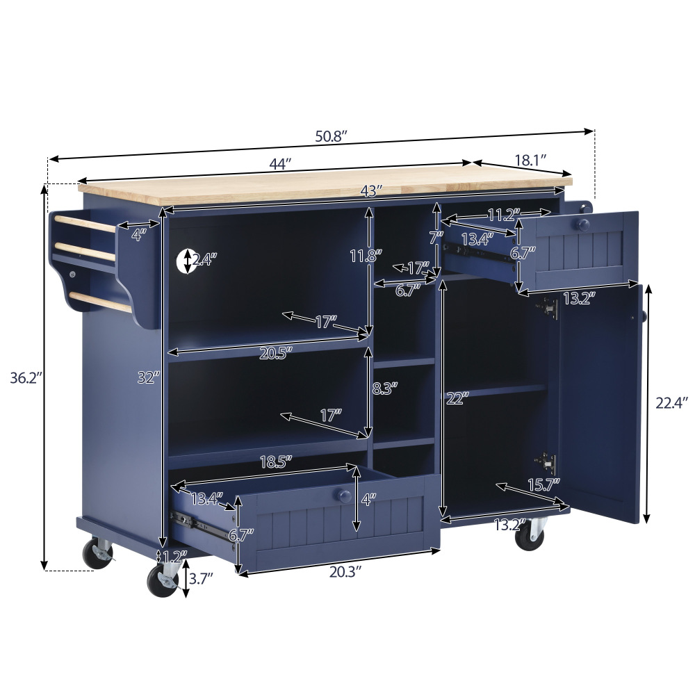 Kitchen Island Cart with Storage Cabinet and Two Locking Wheels Dark Blue