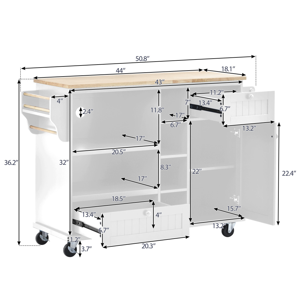 Kitchen Island Cart with Storage Cabinet and Two Locking Wheels White