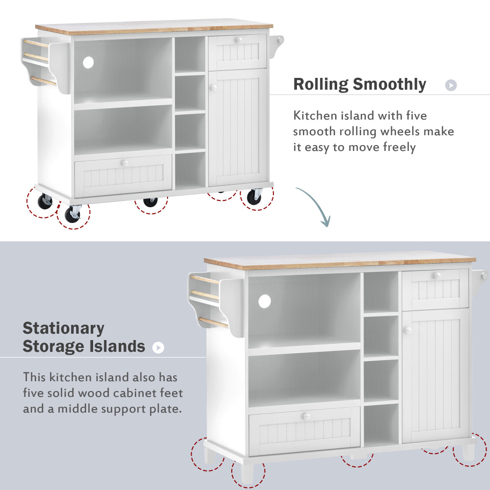 Kitchen Island Cart with Storage Cabinet and Two Locking Wheels White