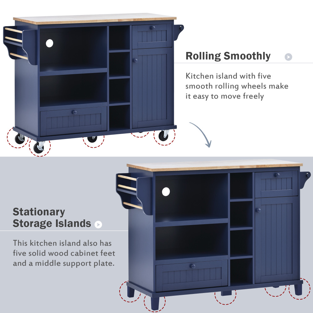 Kitchen Island Cart with Storage Cabinet and Two Locking Wheels Dark Blue