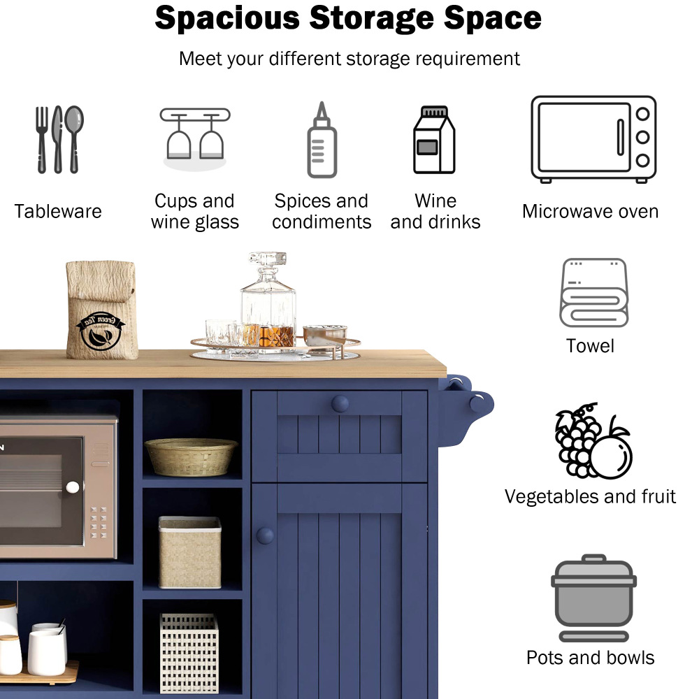 Kitchen Island Cart with Storage Cabinet and Two Locking Wheels Dark Blue