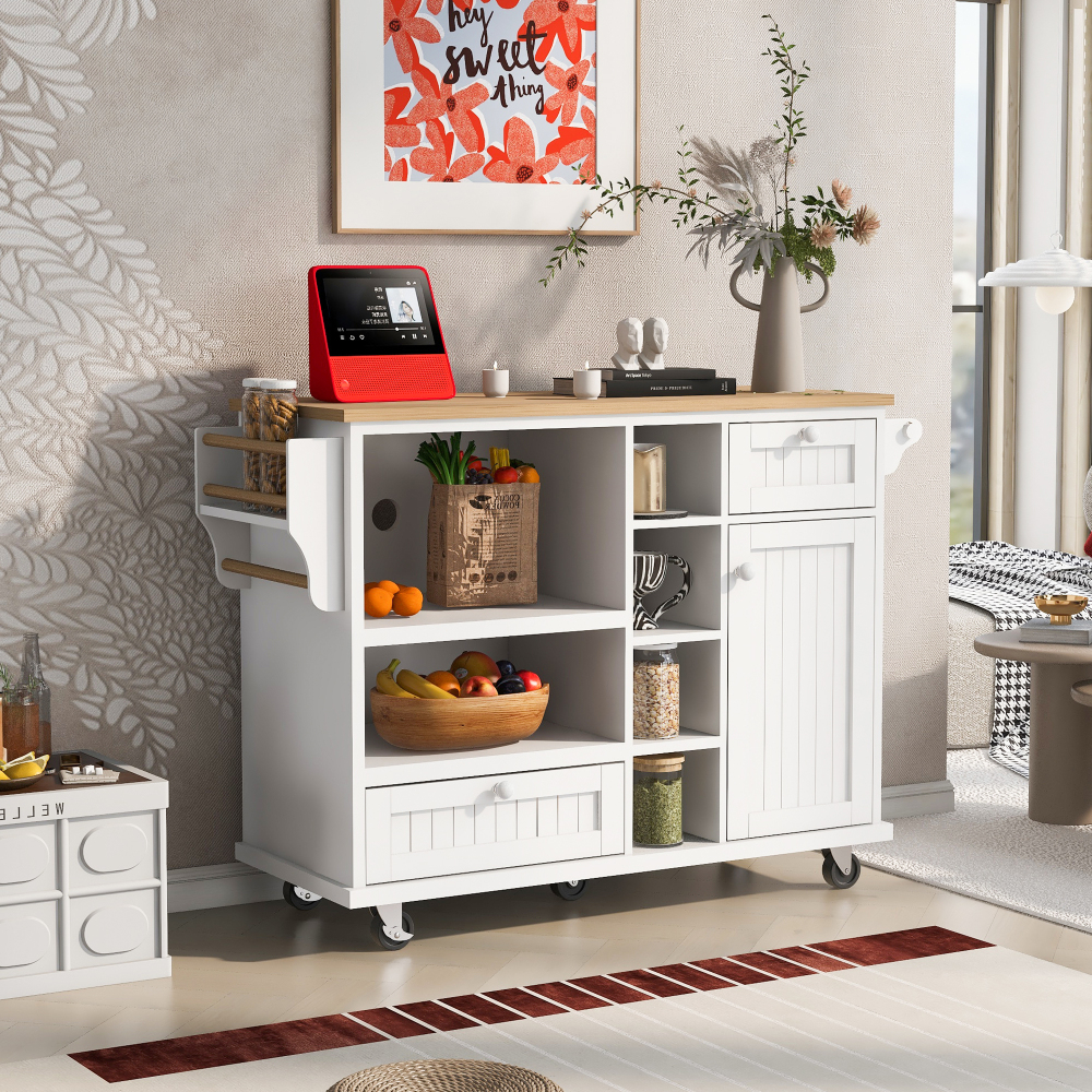 Kitchen Island Cart with Storage Cabinet and Two Locking Wheels White