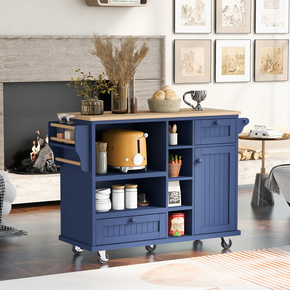 Kitchen Island Cart with Storage Cabinet and Two Locking Wheels Dark Blue