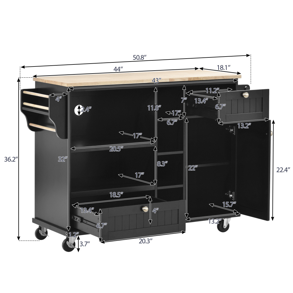 Kitchen Island Cart with Storage Cabinet and Two Locking Wheels Black