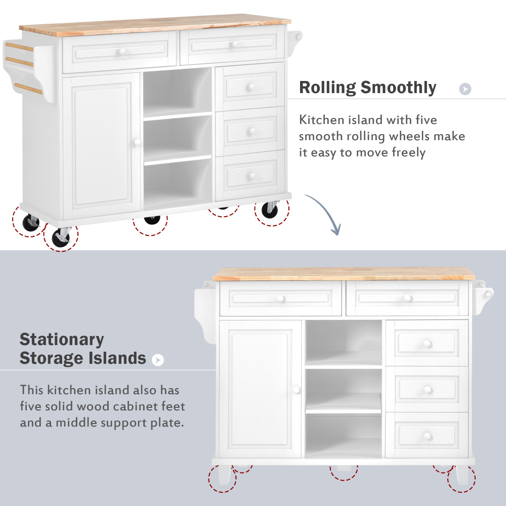 kitchen island with storage and 5 draws 53 Inch length White
