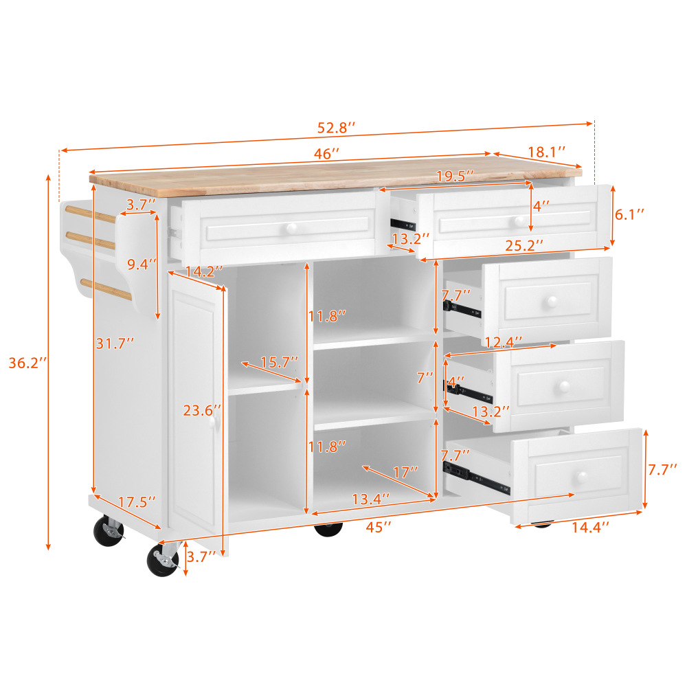 kitchen island with storage and 5 draws 53 Inch length White