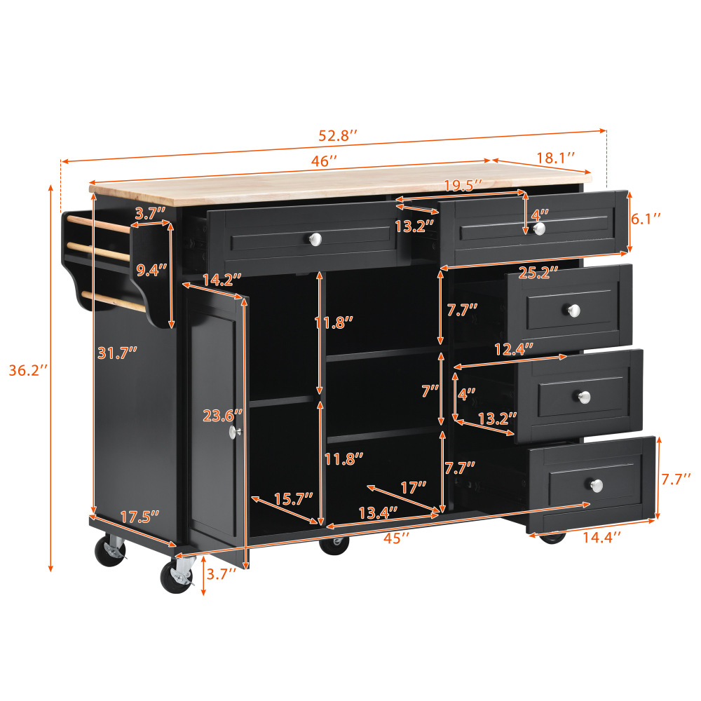 kitchen island with storage and 5 draws 53 Inch length Black