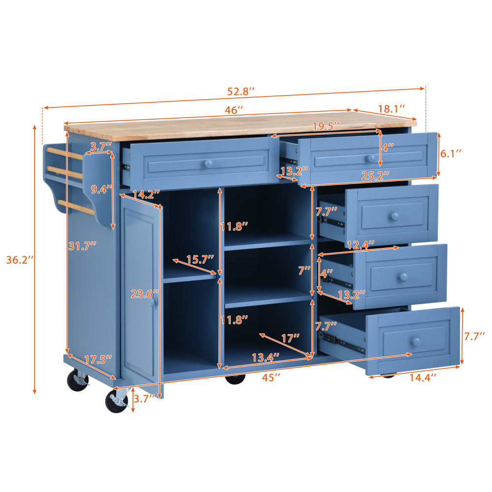 kitchen island with storage and 5 draws 53 Inch length Blue