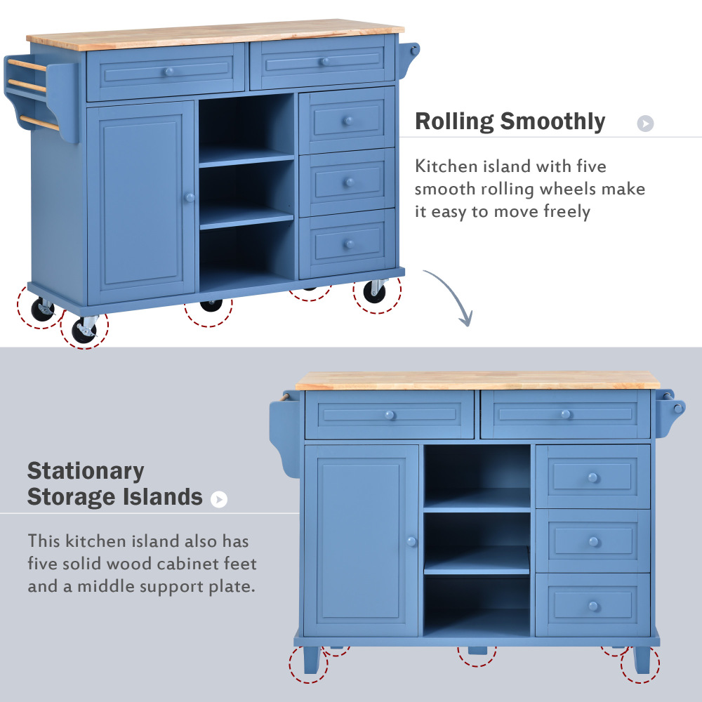 kitchen island with storage and 5 draws 53 Inch length Blue