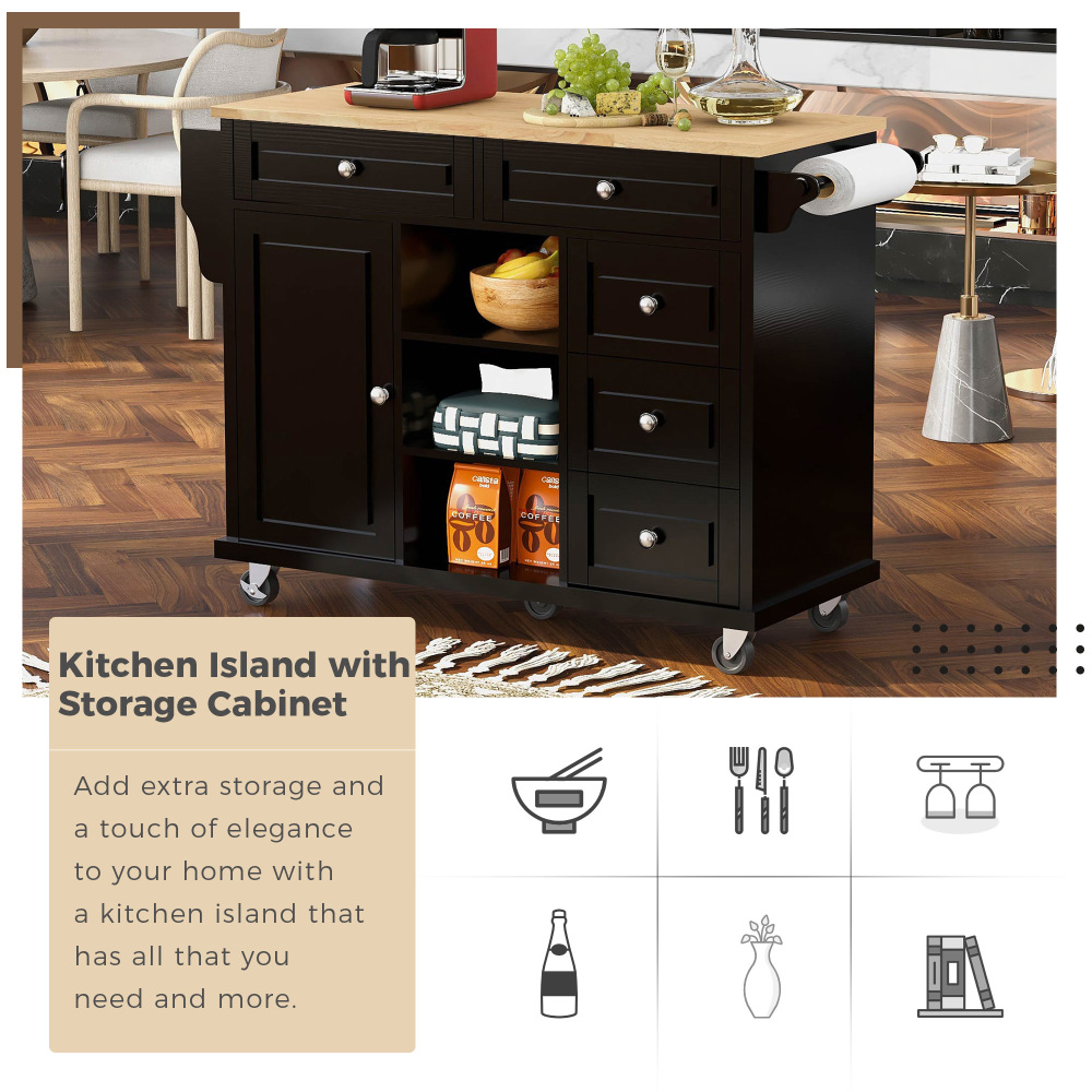 kitchen island with storage and 5 draws 53 Inch length Black