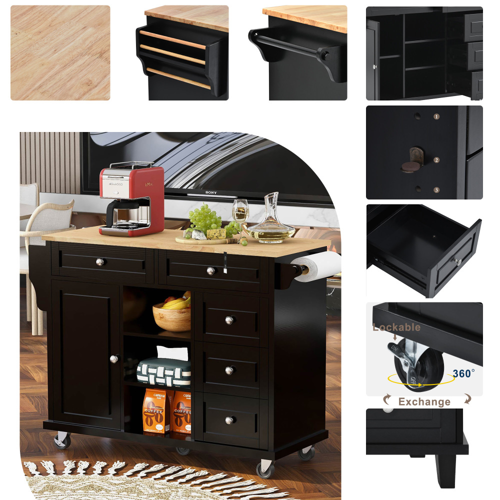 kitchen island with storage and 5 draws 53 Inch length Black