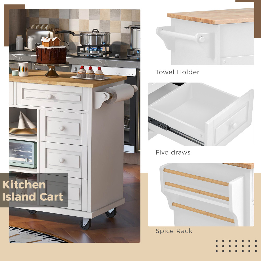 kitchen island with storage and 5 draws 53 Inch length White