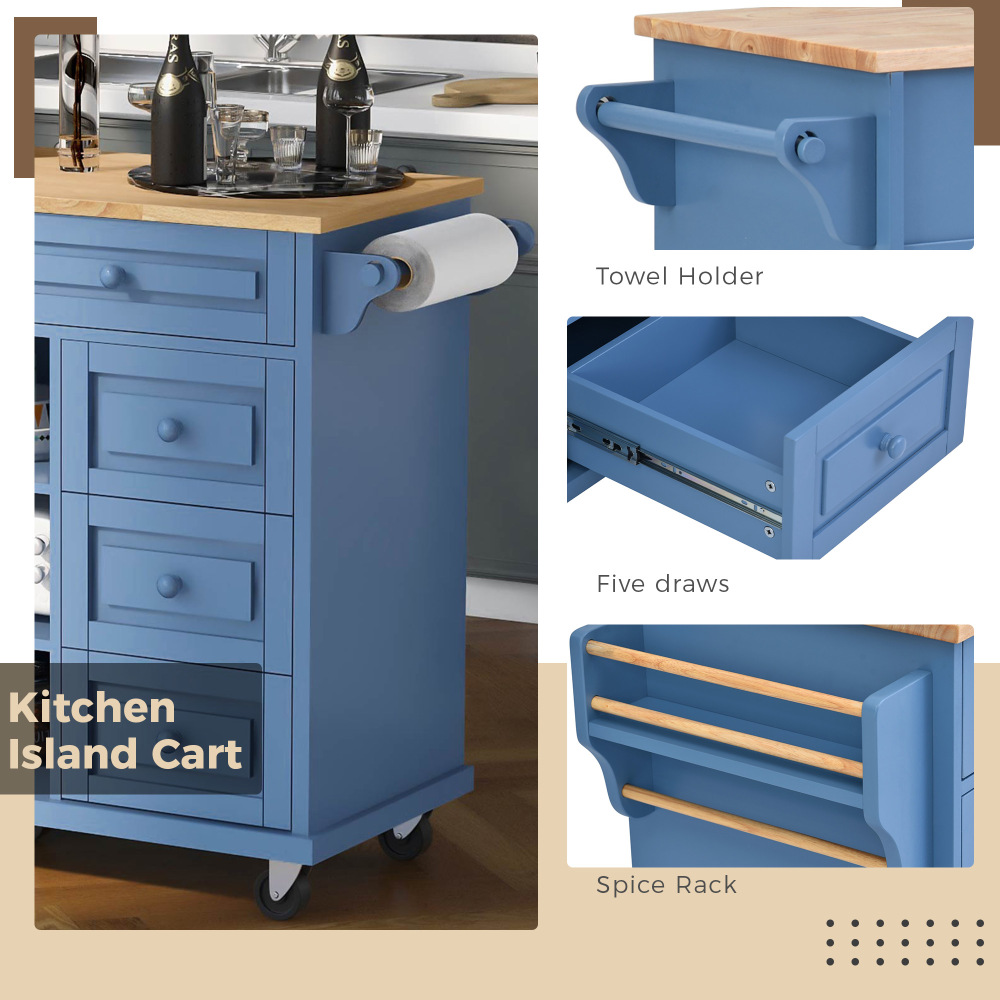 kitchen island with storage and 5 draws 53 Inch length Blue
