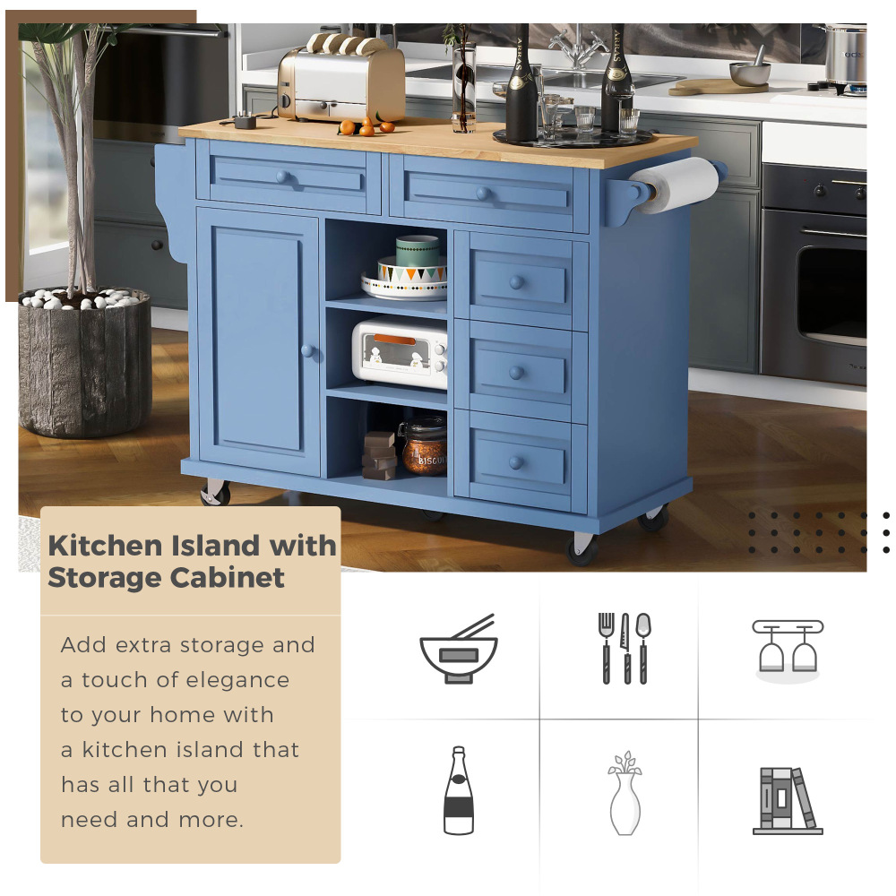 kitchen island with storage and 5 draws 53 Inch length Blue