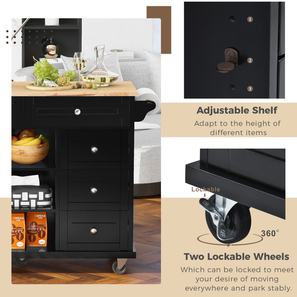 kitchen island with storage and 5 draws 53 Inch length Black