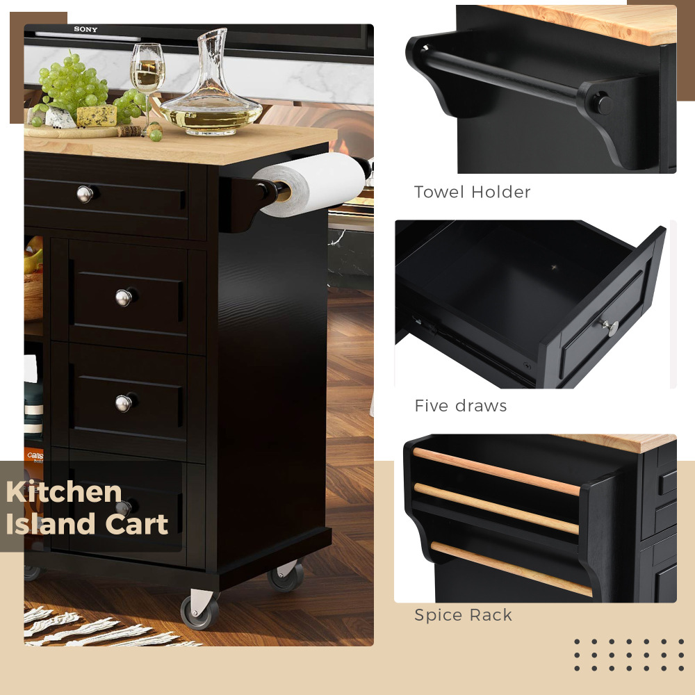 kitchen island with storage and 5 draws 53 Inch length Black