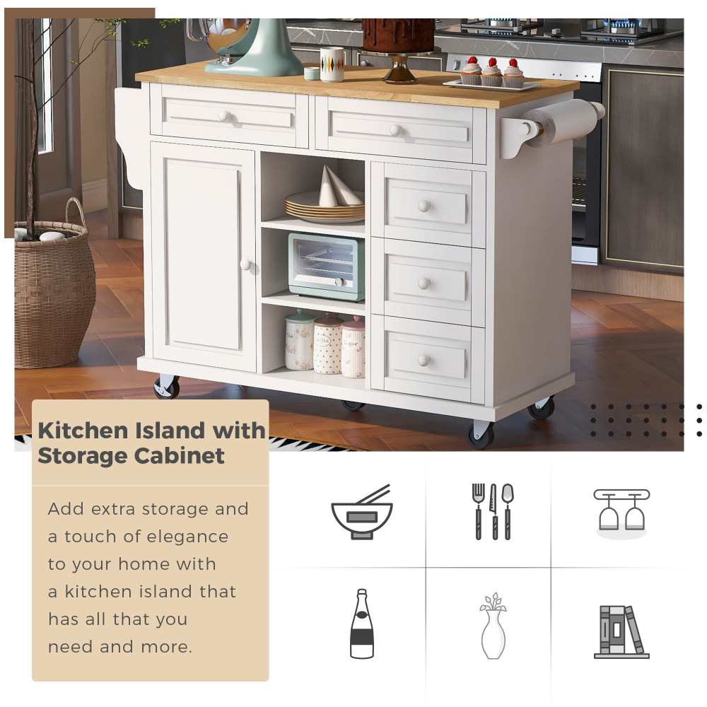 kitchen island with storage and 5 draws 53 Inch length White