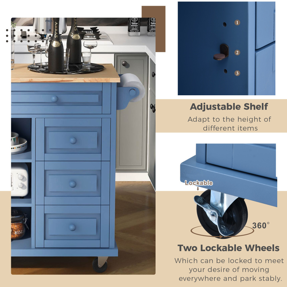 kitchen island with storage and 5 draws 53 Inch length Blue
