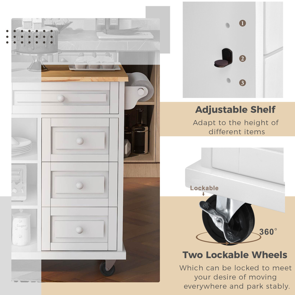 kitchen island with storage and 5 draws 53 Inch length White