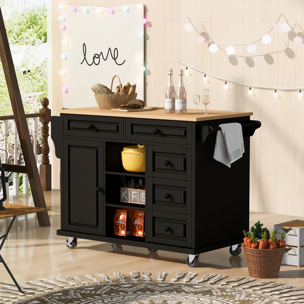 kitchen island with storage and 5 draws 53 Inch length Black