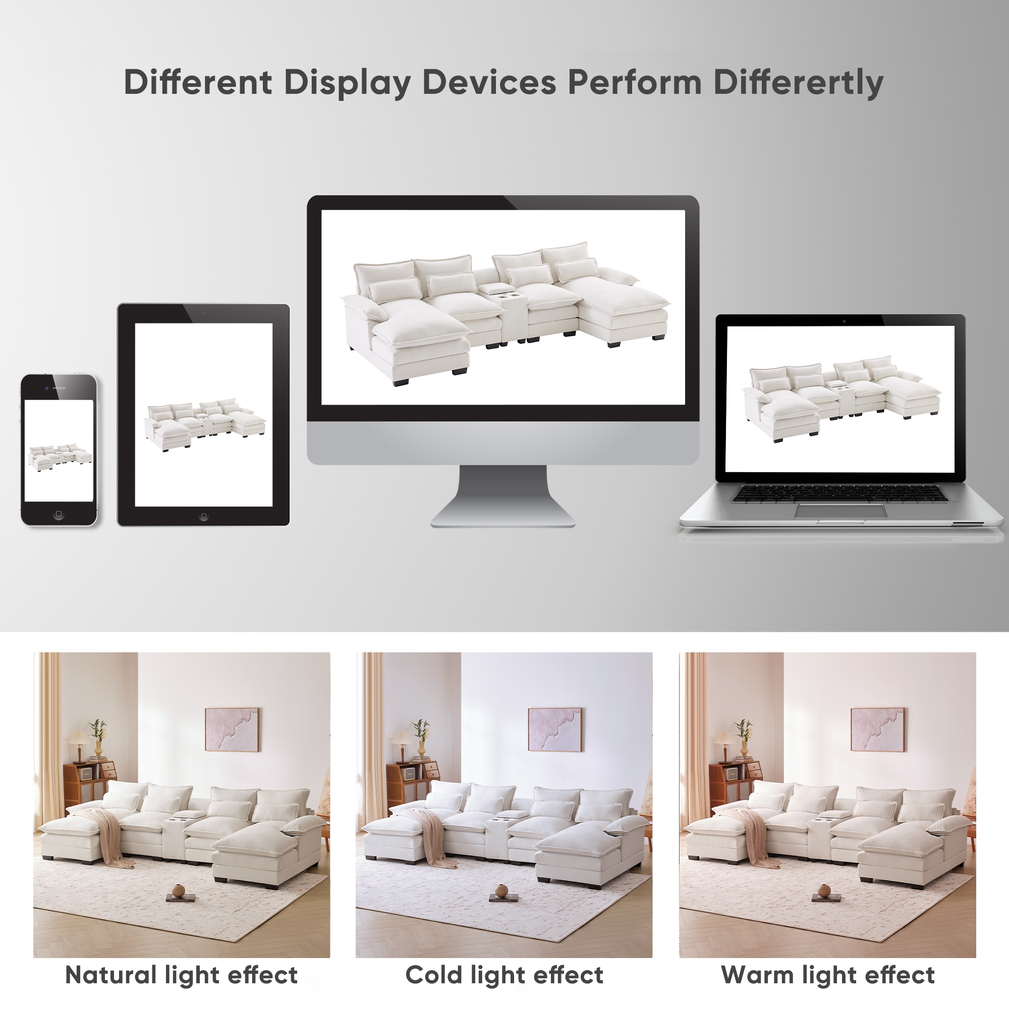 123*55" Modern U-shaped Sofa with Console,Cupholders and USB Ports White