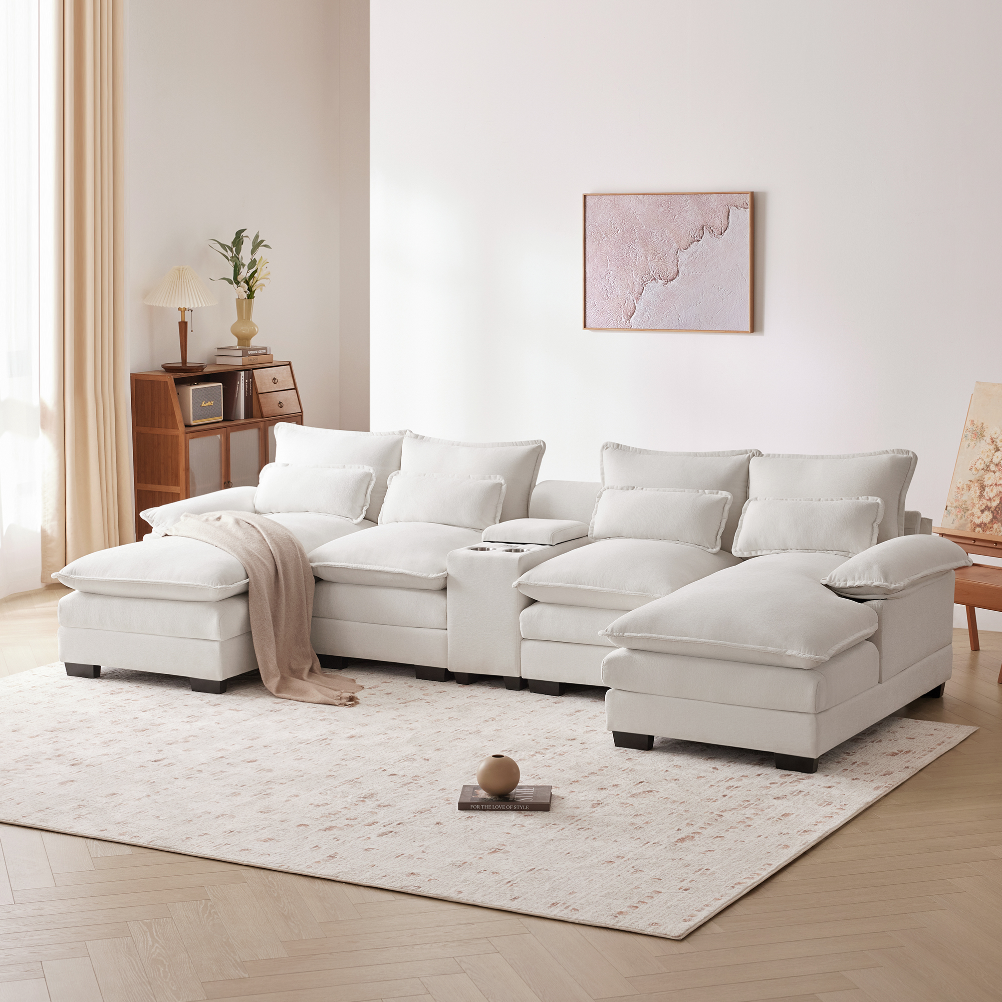 123*55" Modern U-shaped Sofa with Console,Cupholders and USB Ports White