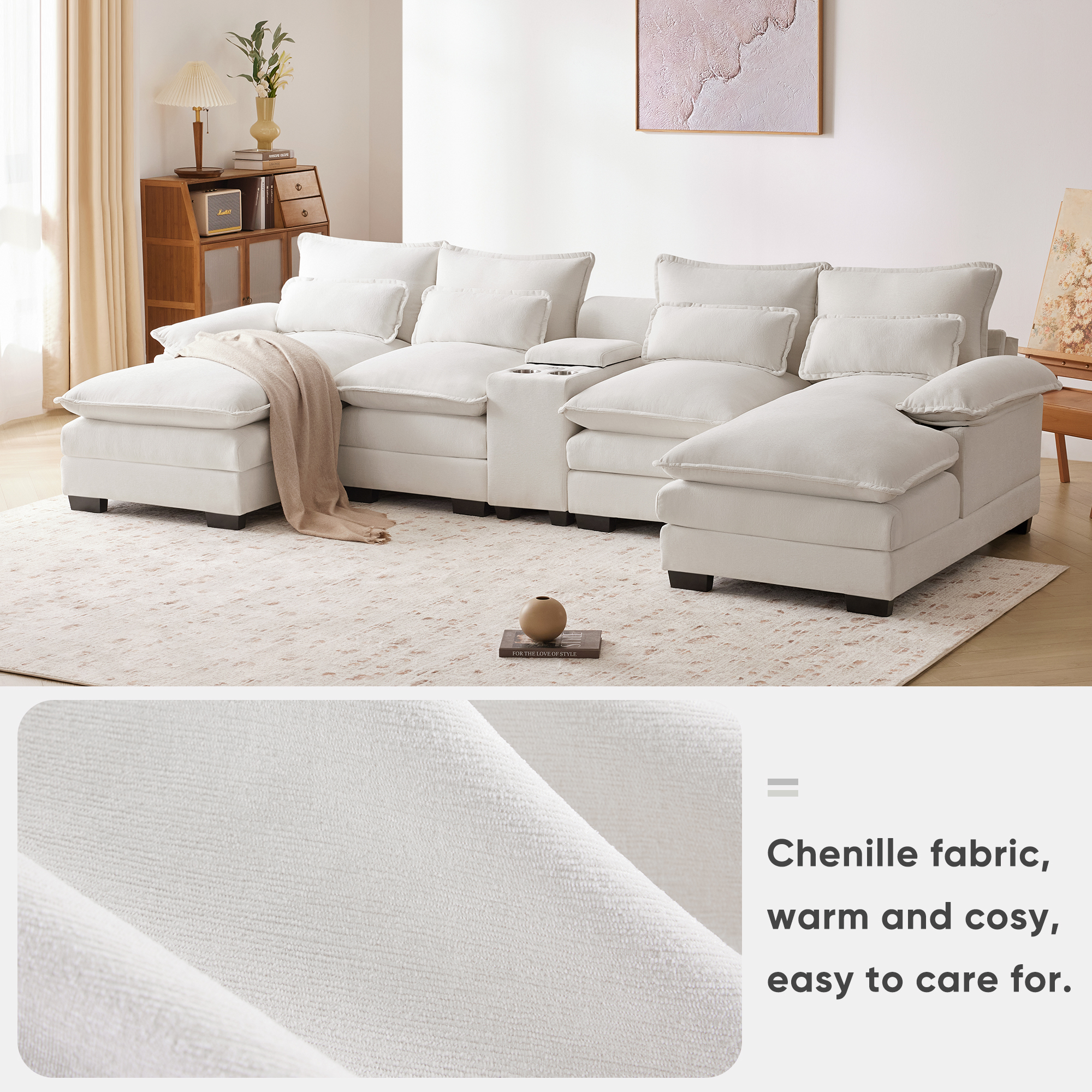 123*55" Modern U-shaped Sofa with Console,Cupholders and USB Ports White