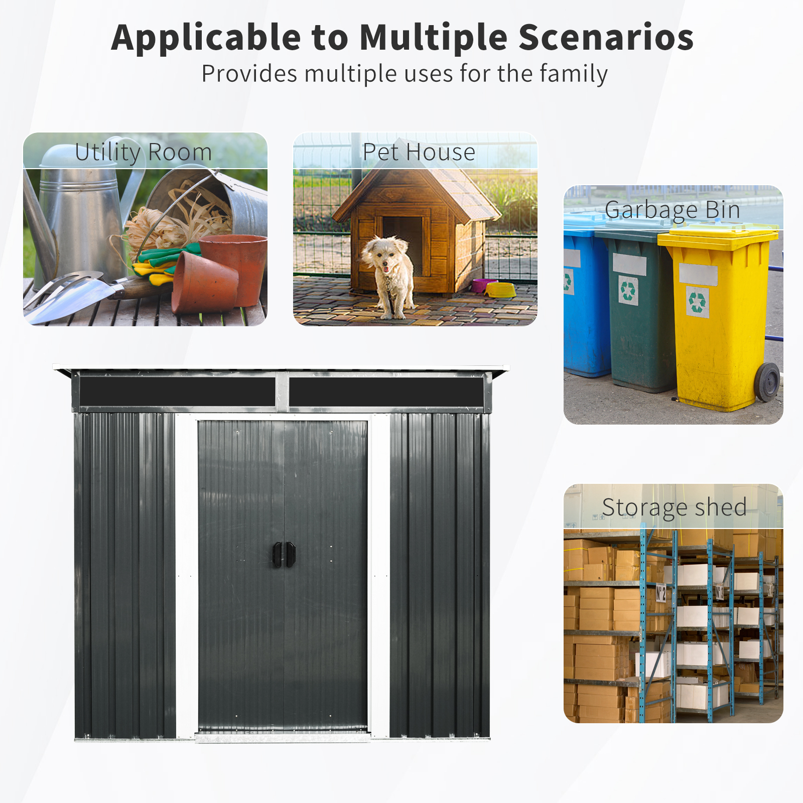 6ft x 5ft Outdoor Metal Storage shed with Lockable Sliding Doors and Transparent plate for Garden Black and White