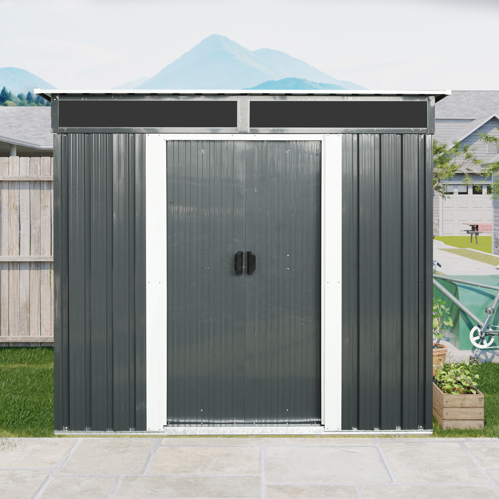 6ft x 5ft Outdoor Metal Storage shed with Lockable Sliding Doors and Transparent plate for Garden Black and White