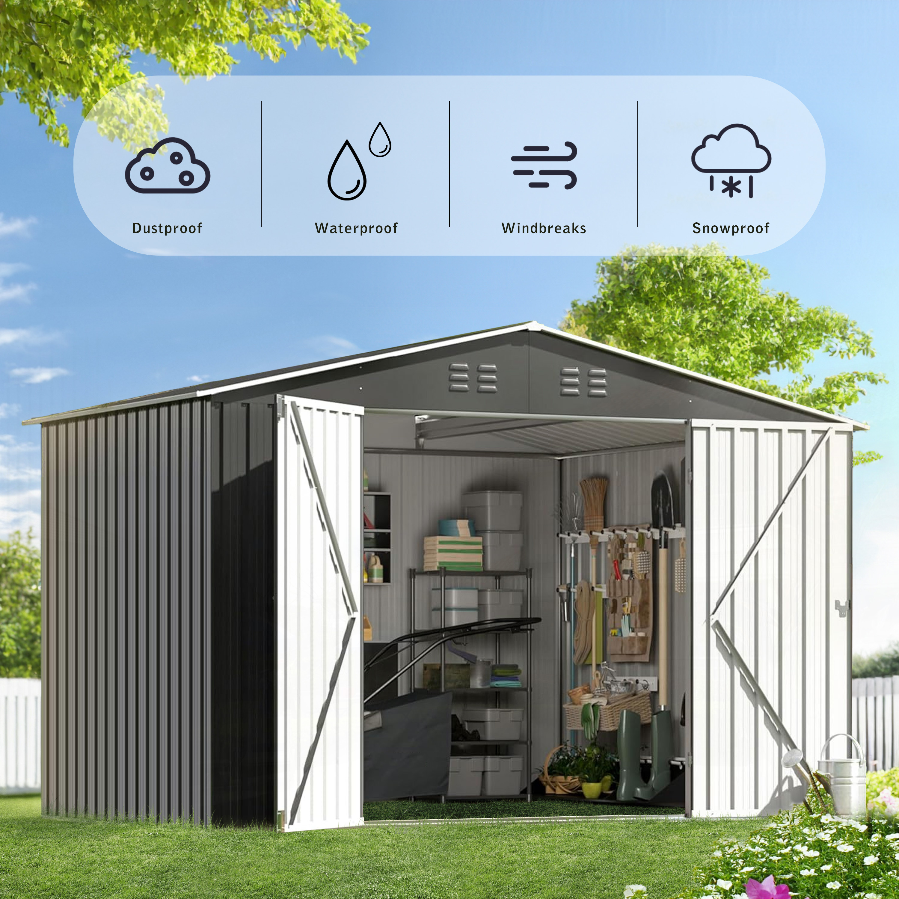 8FT x 10FT & Outdoor Storage Clearance, Metal Anti-Corrosion Utility Tool House with Lockable Door & Shutter Vents Grey