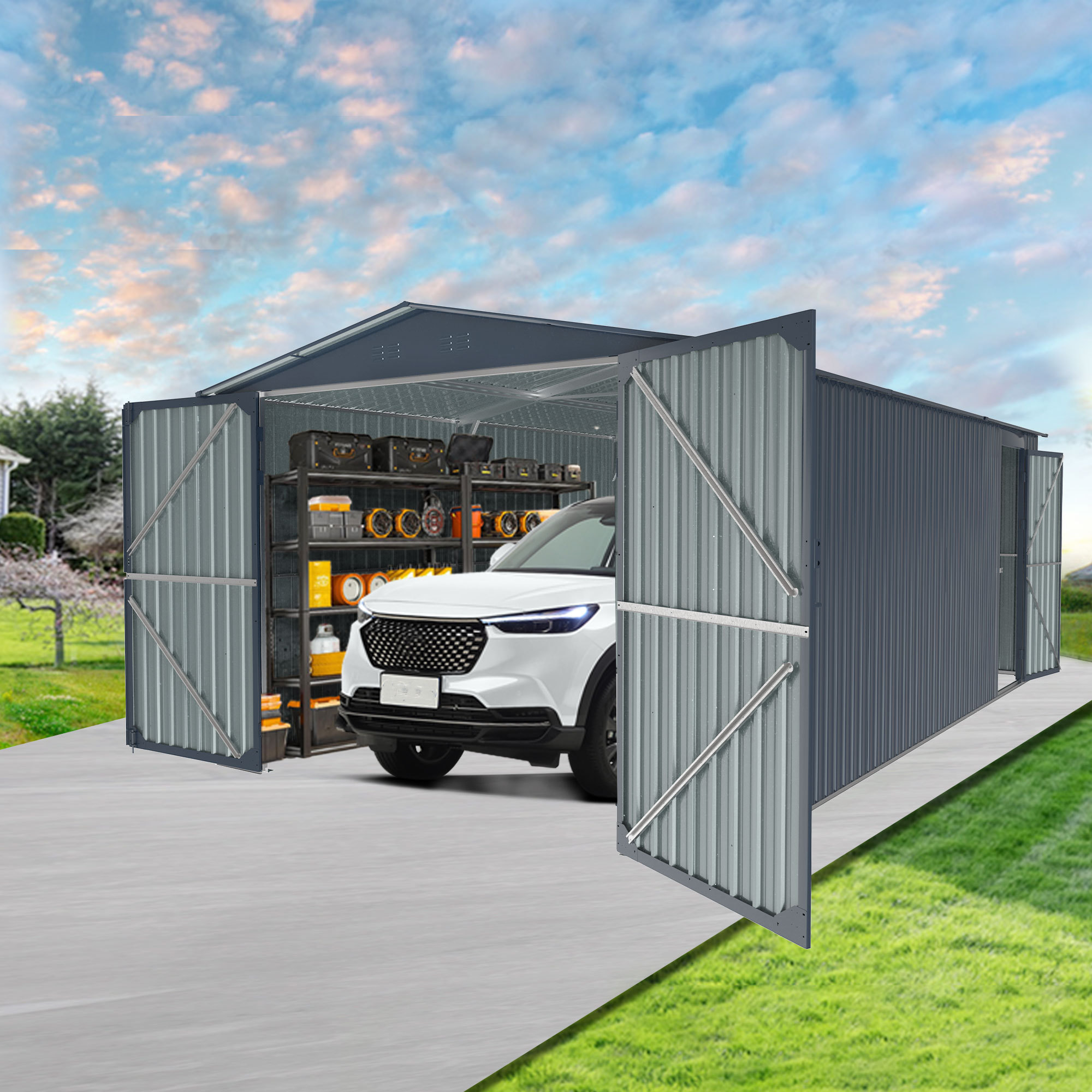 20x13 FT  Metal Garden Shed Backyard Utility Tool House Building with 2 Doors and 4 Vents
