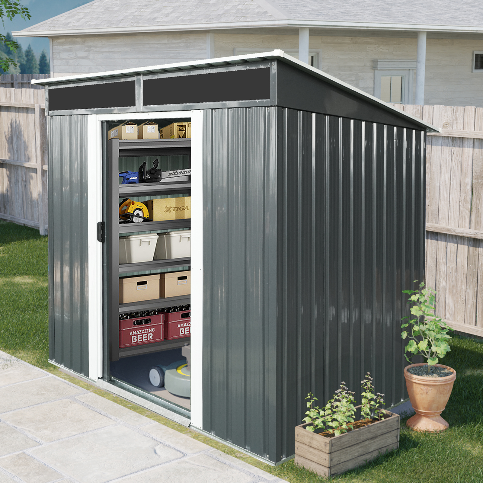 6ft x 5ft Outdoor Metal Storage shed with Lockable Sliding Doors and Transparent plate for Garden Black and White