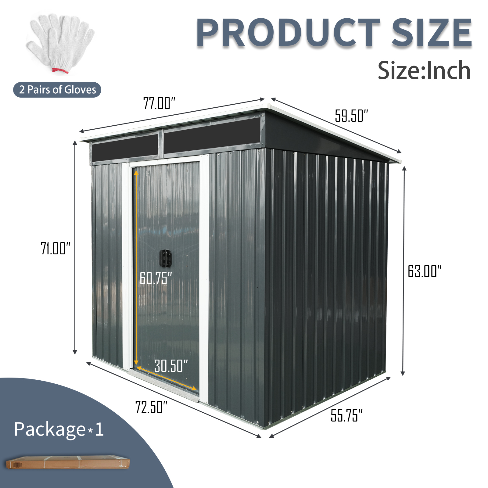 6ft x 5ft Outdoor Metal Storage shed with Lockable Sliding Doors and Transparent plate for Garden Black and White