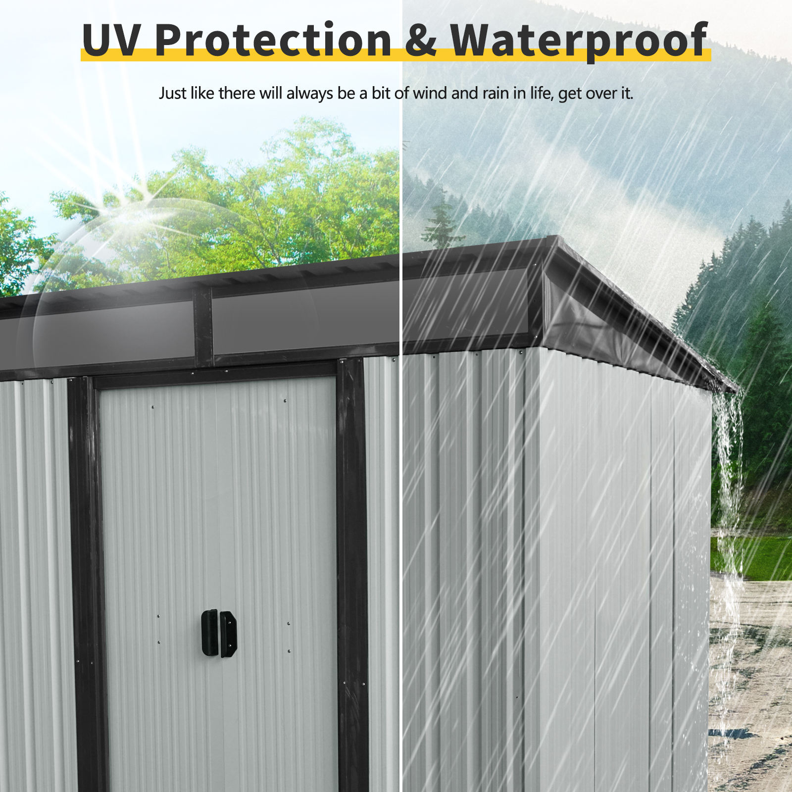 6ft x 5ft Outdoor Metal Storage Shed with Lockable Sliding Doors and Transparent plate for Garden  White and Black