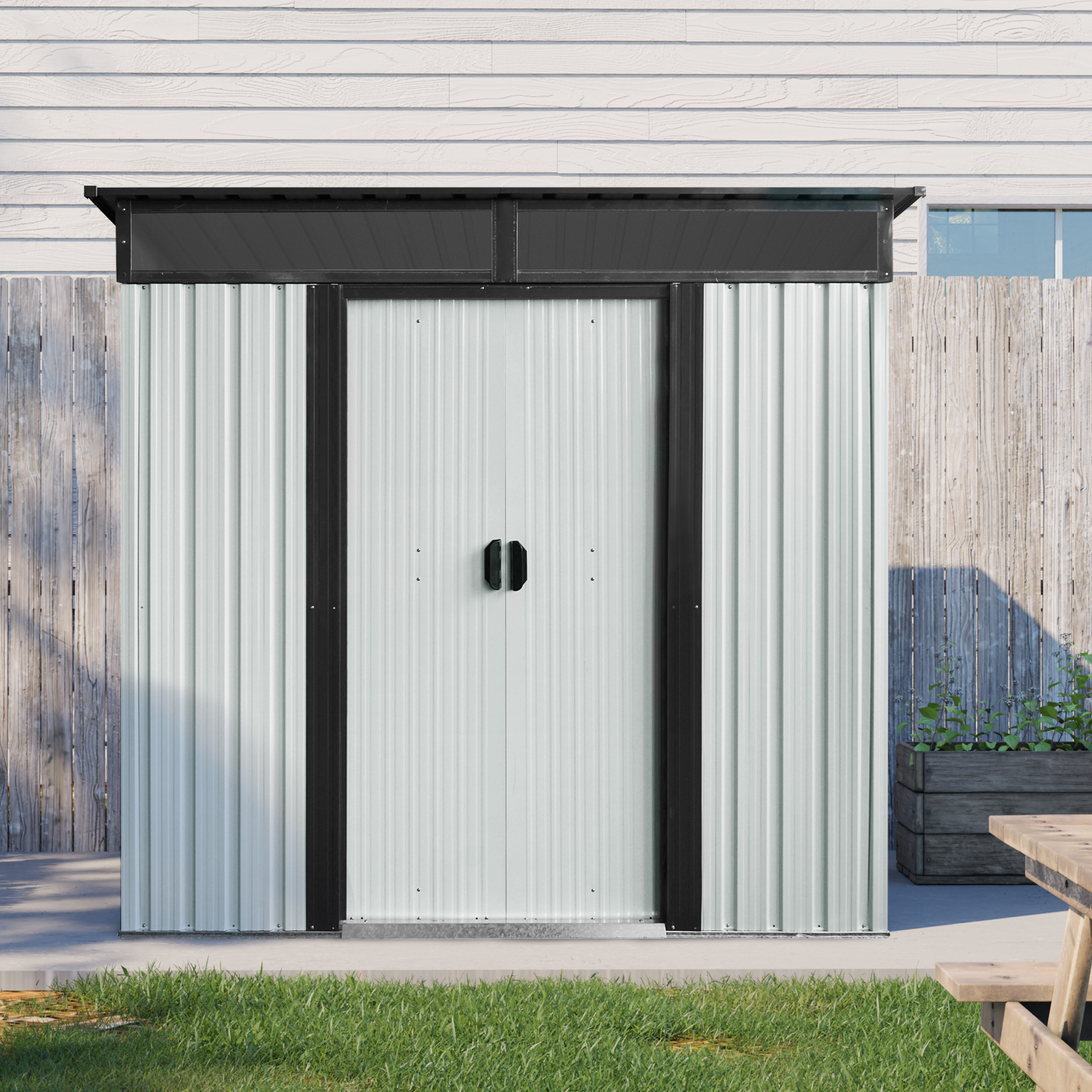 6ft x 5ft Outdoor Metal Storage Shed with Lockable Sliding Doors and Transparent plate for Garden  White and Black
