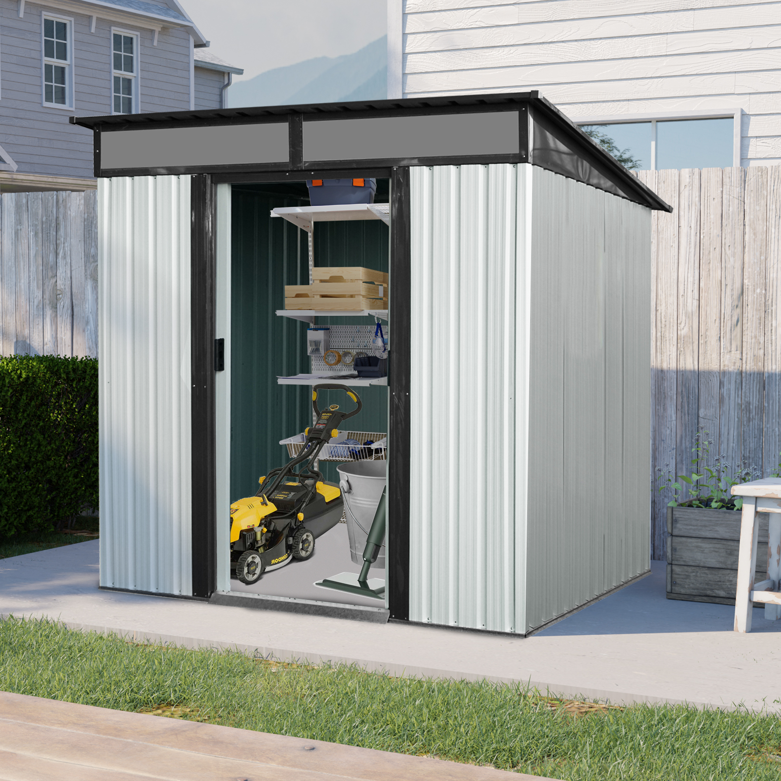 6ft x 5ft Outdoor Metal Storage Shed with Lockable Sliding Doors and Transparent plate for Garden  White and Black