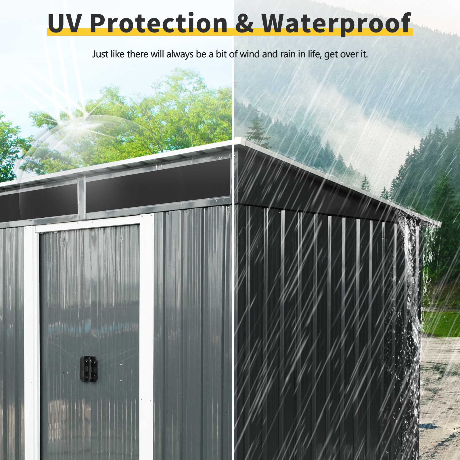 6ft x 5ft Outdoor Metal Storage shed with Lockable Sliding Doors and Transparent plate for Garden Black and White