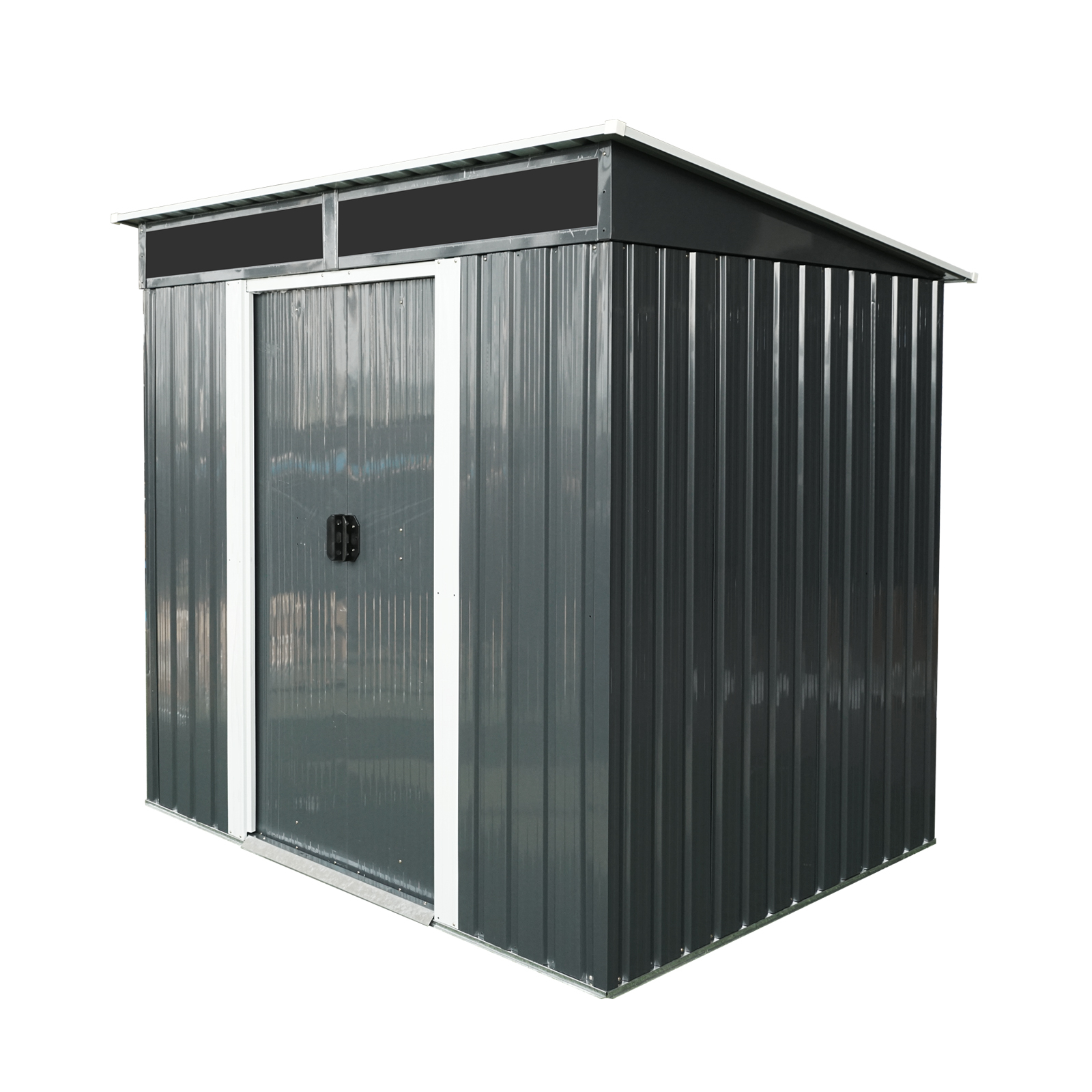6ft x 5ft Outdoor Metal Storage shed with Lockable Sliding Doors and Transparent plate for Garden Black and White