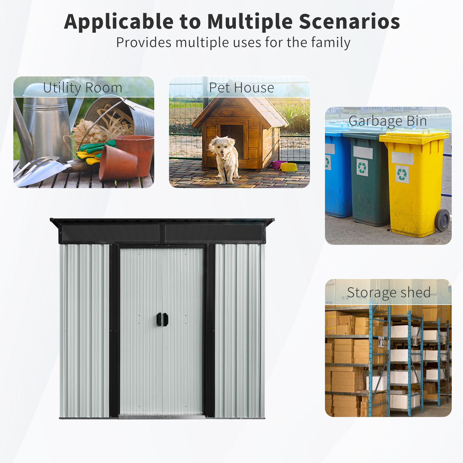 6ft x 5ft Outdoor Metal Storage Shed with Lockable Sliding Doors and Transparent plate for Garden  White and Black